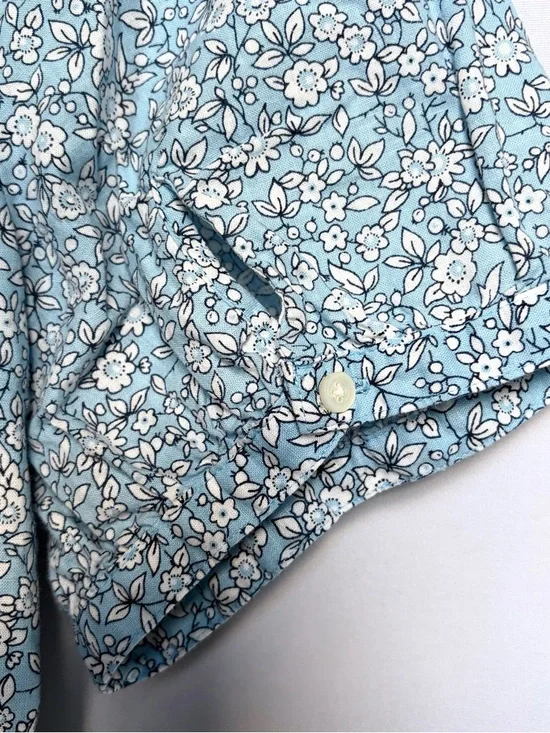 J Crew Blue Floral Smocked Button Up Blouse XXL Linen Cotton Puff Sleeve Shirt - Picture 14 of 15